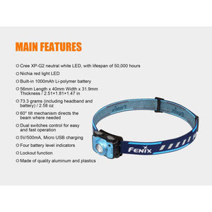 Fenix HL12R – 400 Lumens Rechargeable LED Headlamp – Blue